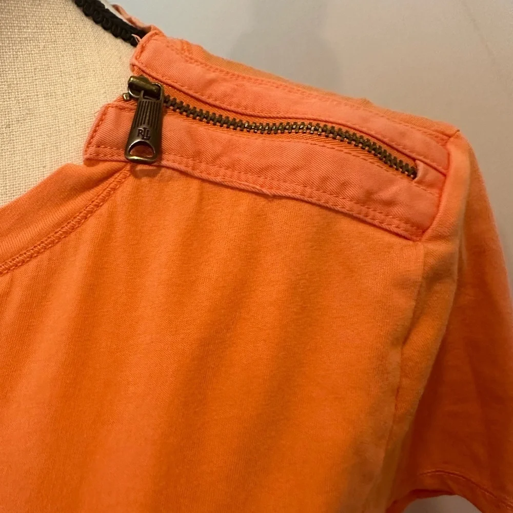 Ralph Lauren Jean Orange Women T-Shirt S  Zipper Shoulder Accent EUC - Picture 2 of 6